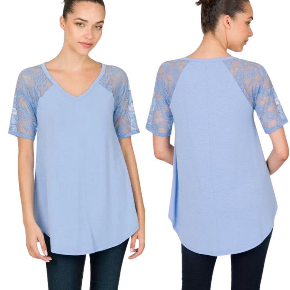 NWT Lace Top Cami T-Shirt V-Neck Short Sleeve Round Hem Blue Plus SZ 1X- 3X